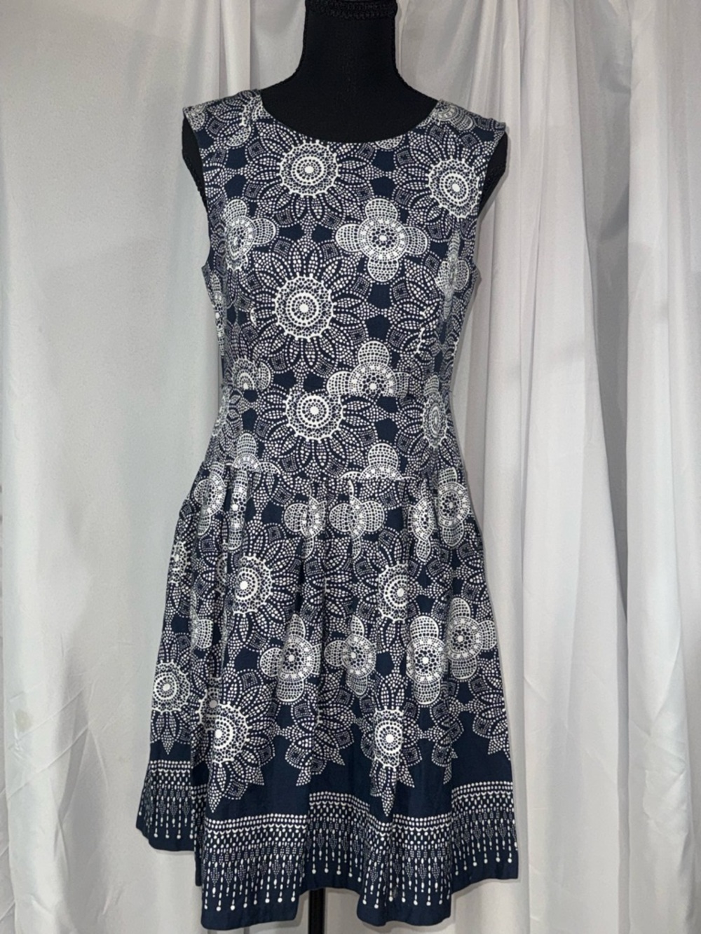 dressbarn Navy & White Sleeveless Fit-and-Flare Floral Dress